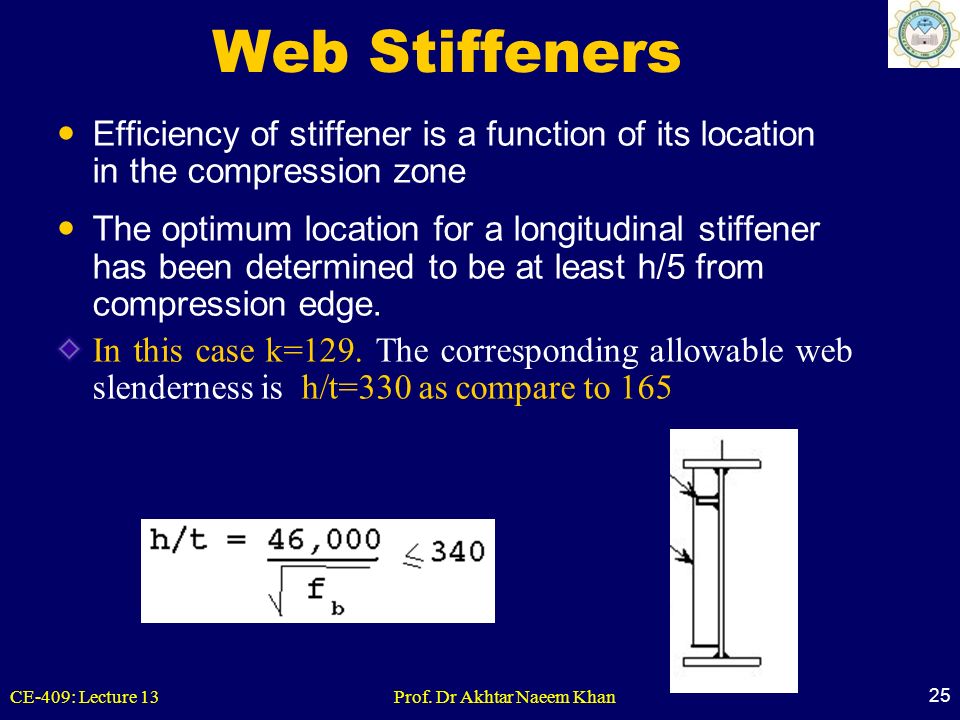 Web Stiffeners Efficiency of stiffener is a function of its location in the compression zone.