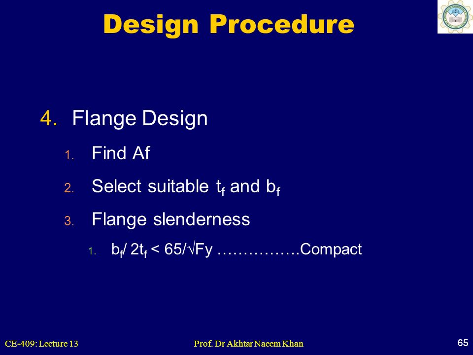 Design Procedure Flange Design Find Af Select suitable tf and bf
