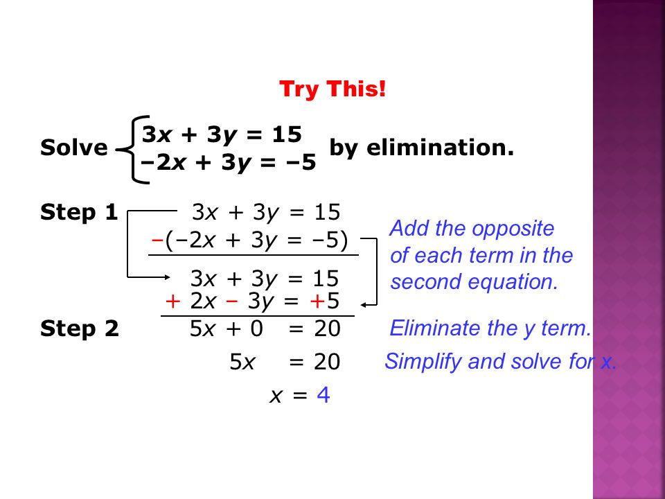 Try This! 3x + 3y = 15. Solve by elimination. –2x + 3y = –5. 3x + 3y = 15.