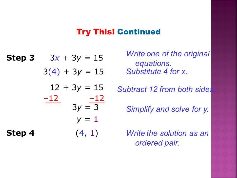 Try This! Continued Write one of the original equations. Step 3. 3x + 3y = 15. 3(4) + 3y = 15. Substitute 4 for x.