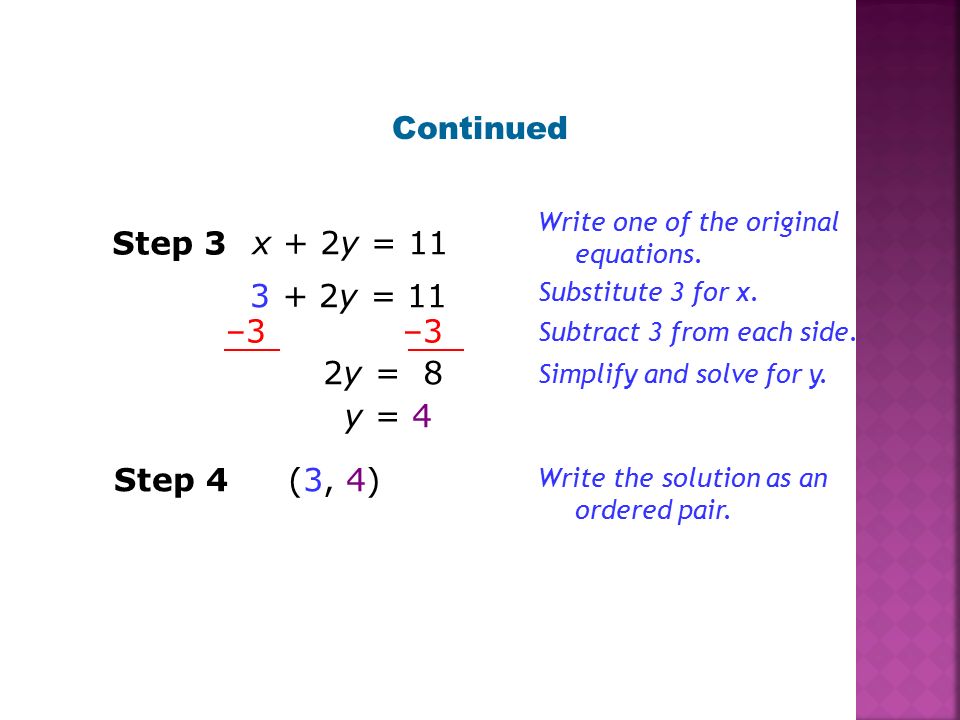 Continued Step 3 x + 2y = y = 11 –3 –3 2y = 8 y = 4 Step 4
