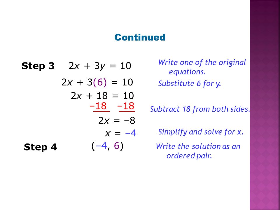 Continued Step 3 2x + 3y = 10 2x + 3(6) = 10 2x + 18 = 10 –18 –18