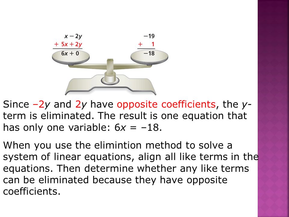 Since –2y and 2y have opposite coefficients, the y-term is eliminated