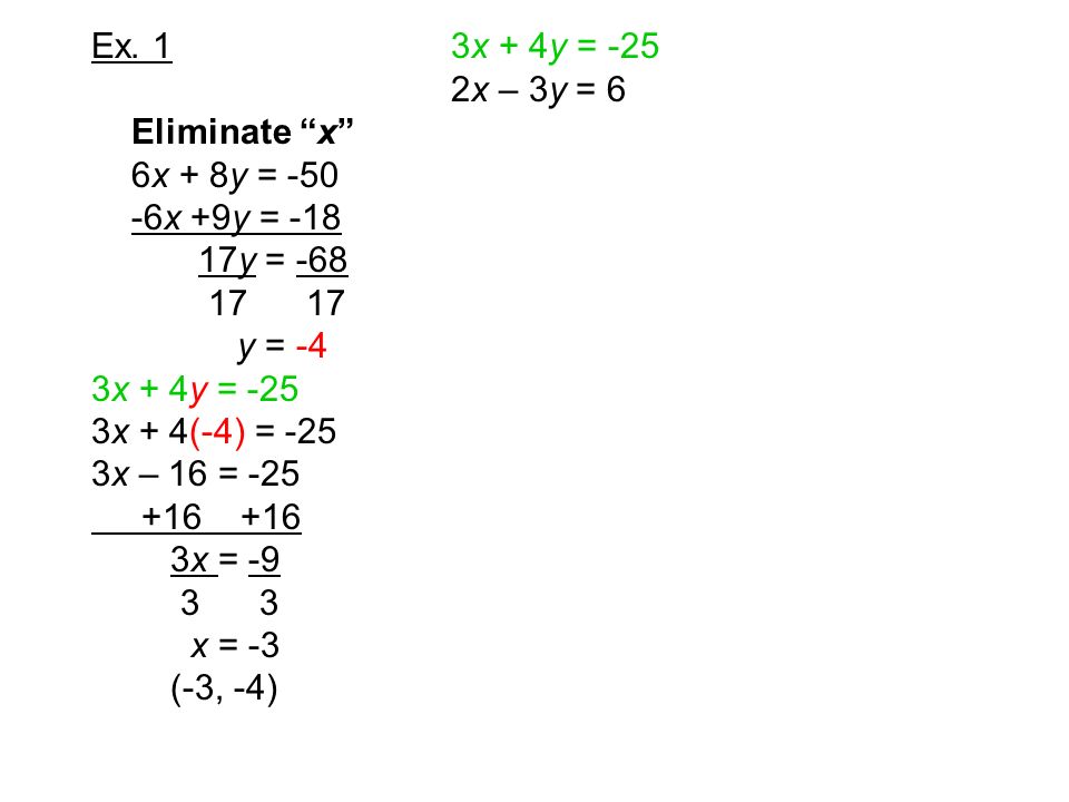 Ex. 1 3x + 4y = -25 2x – 3y = 6. Eliminate x 6x + 8y = x +9y = y = -68.