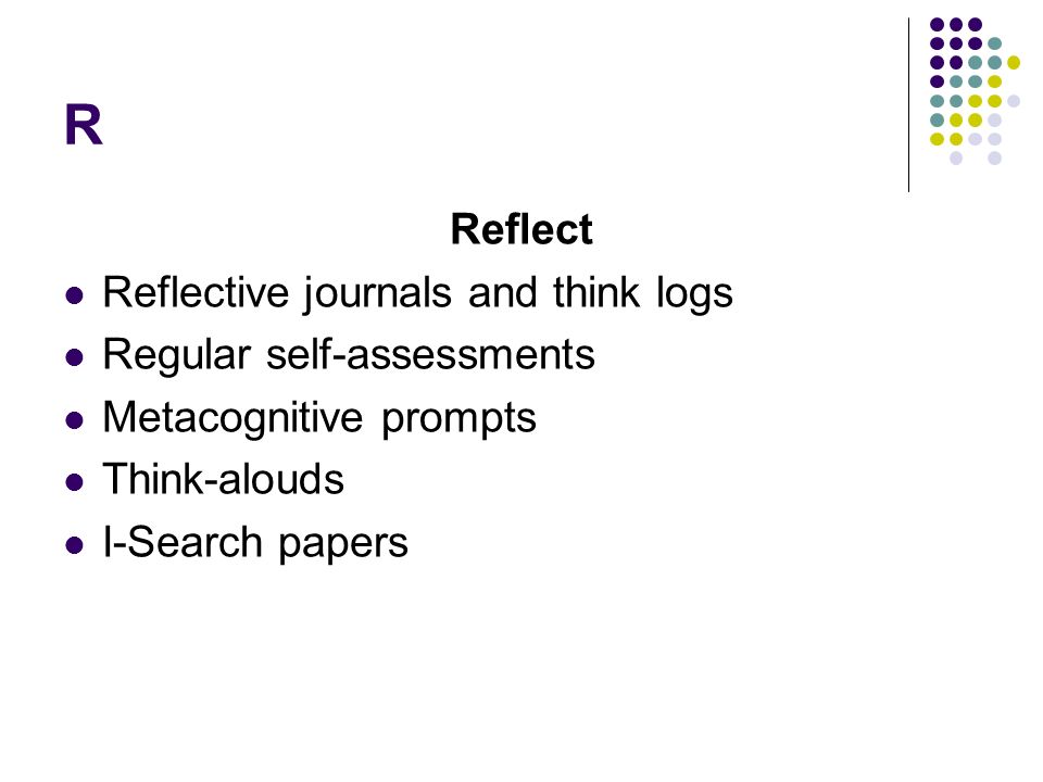 R Reflect Reflective journals and think logs Regular self-assessments