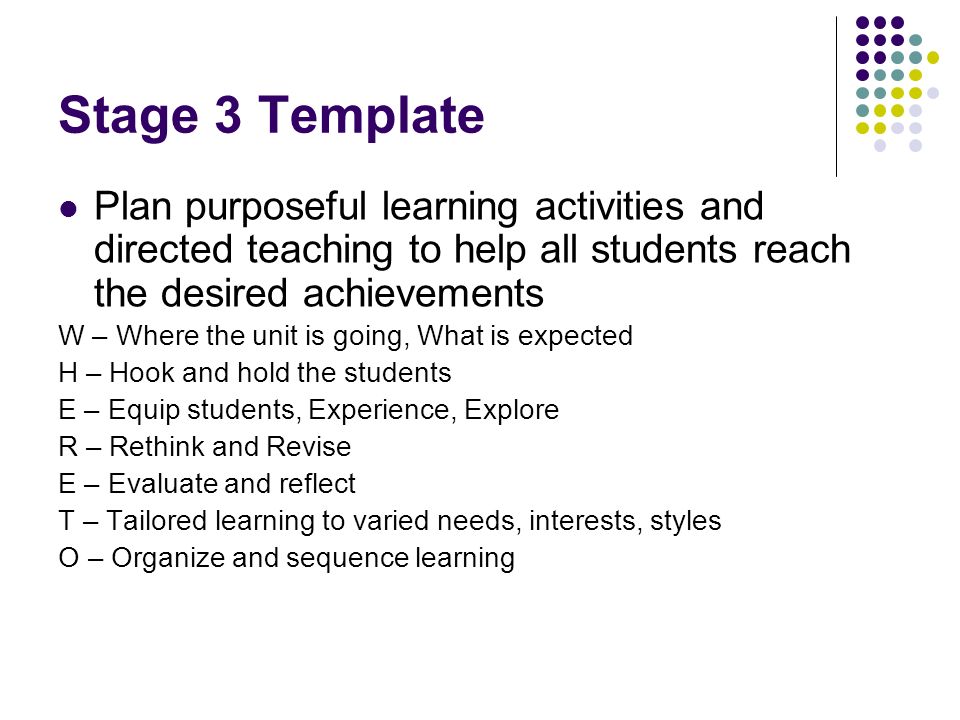 Stage 3 Template Plan purposeful learning activities and directed teaching to help all students reach the desired achievements.