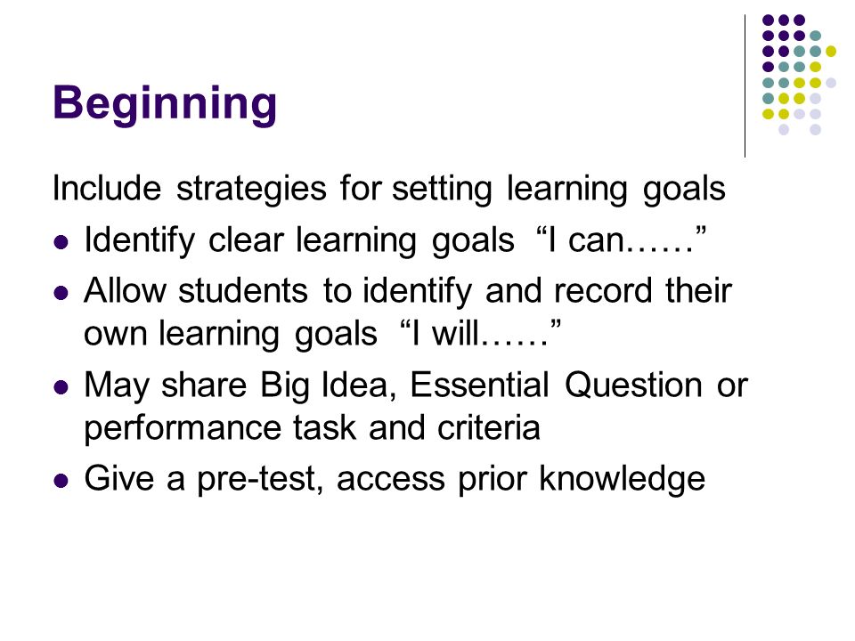 Beginning Include strategies for setting learning goals