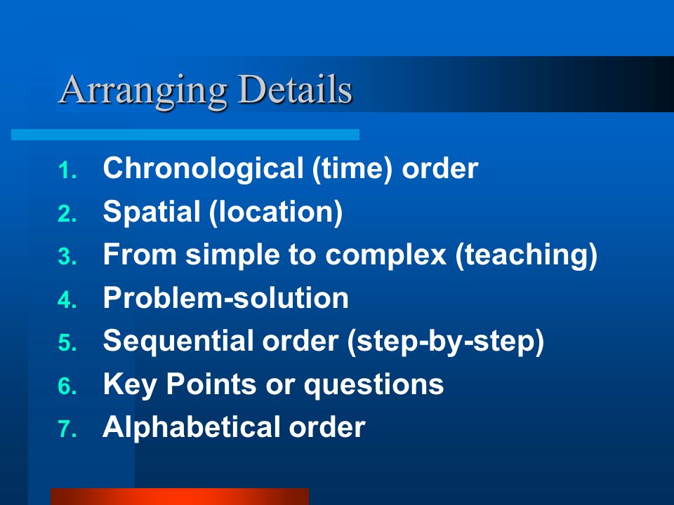 Arranging Details Chronological (time) order Spatial (location)