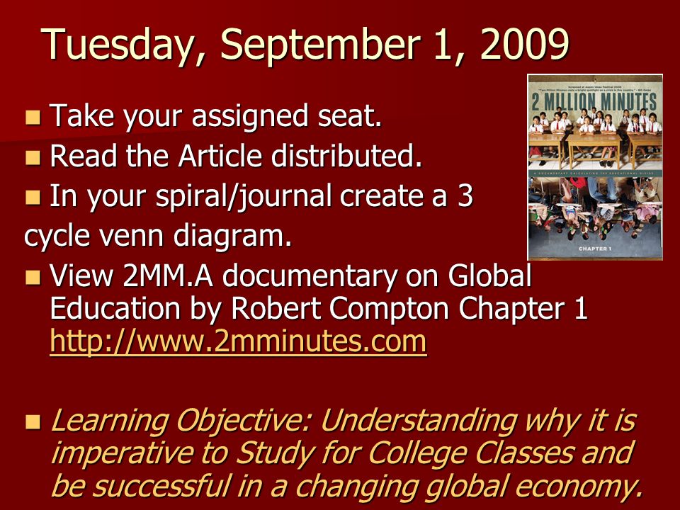 Tuesday, September 1, 2009 Take your assigned seat.
