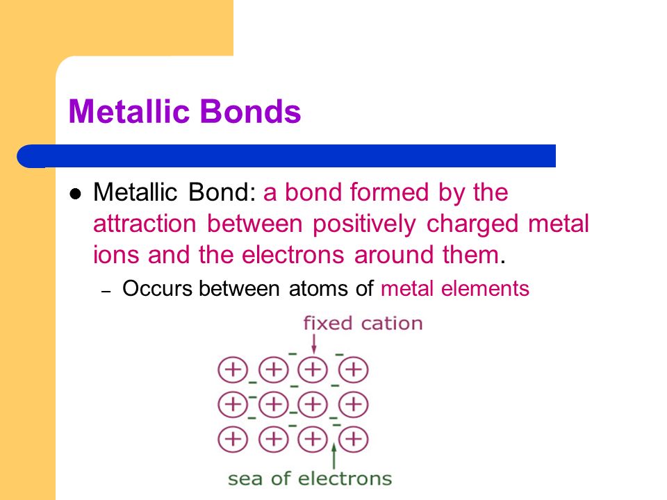 Metallic Bonds Metallic Bond: a bond formed by the attraction between positively charged metal ions and the electrons around them.