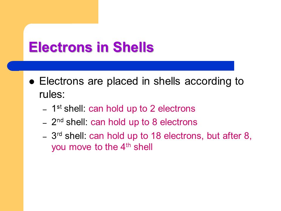Electrons in Shells Electrons are placed in shells according to rules: