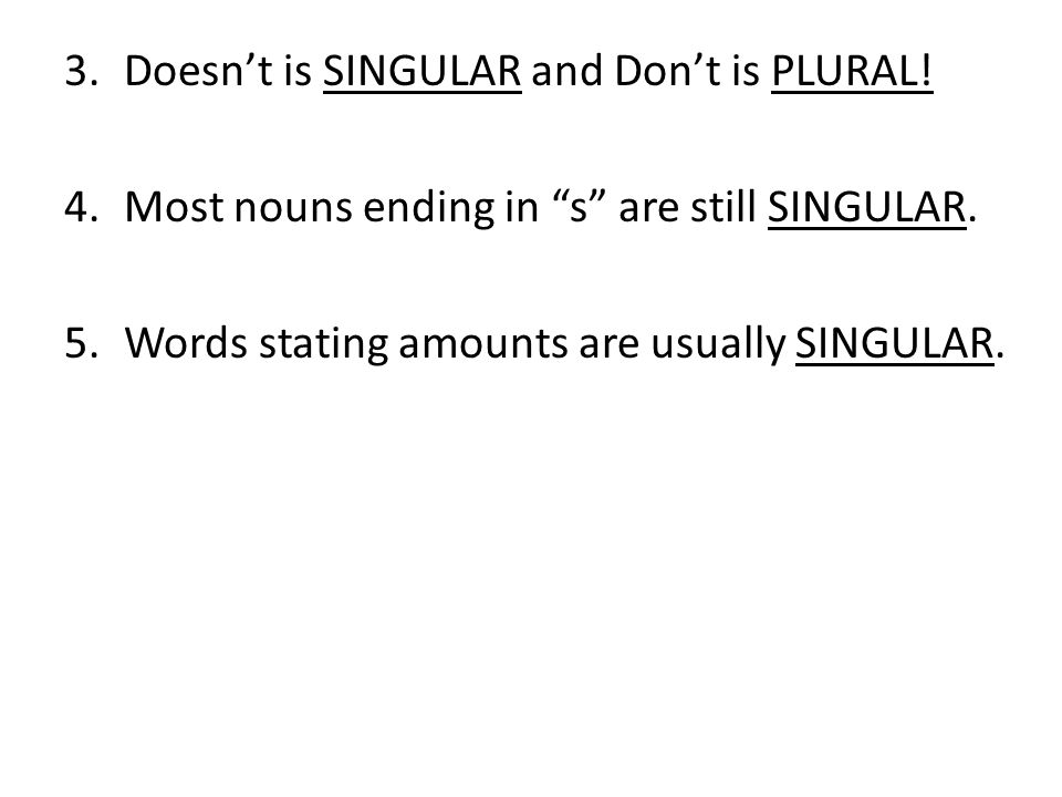 Doesn’t is SINGULAR and Don’t is PLURAL!
