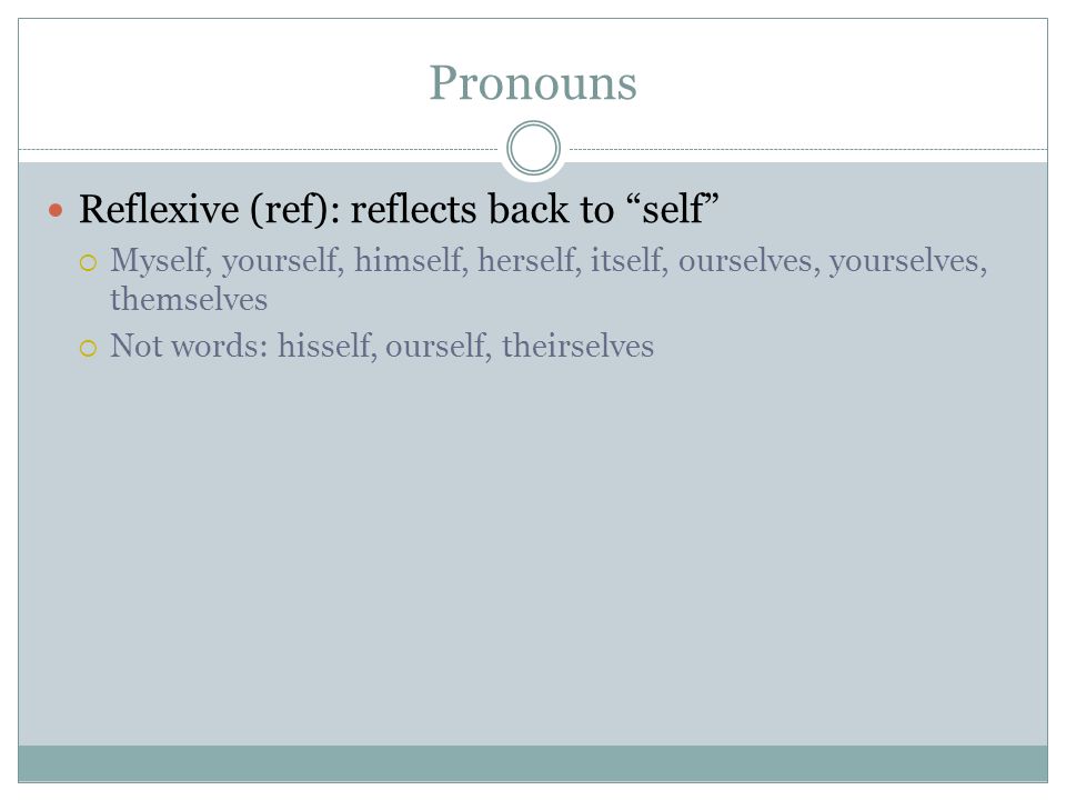 Pronouns Reflexive (ref): reflects back to self