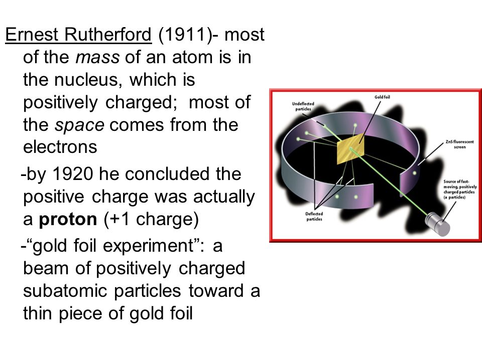 Ernest Rutherford (1911)- most of the mass of an atom is in the nucleus, which is positively charged; most of the space comes from the electrons