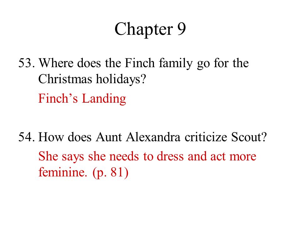 Chapter Where does the Finch family go for the Christmas holidays Finch’s Landing. 54. How does Aunt Alexandra criticize Scout