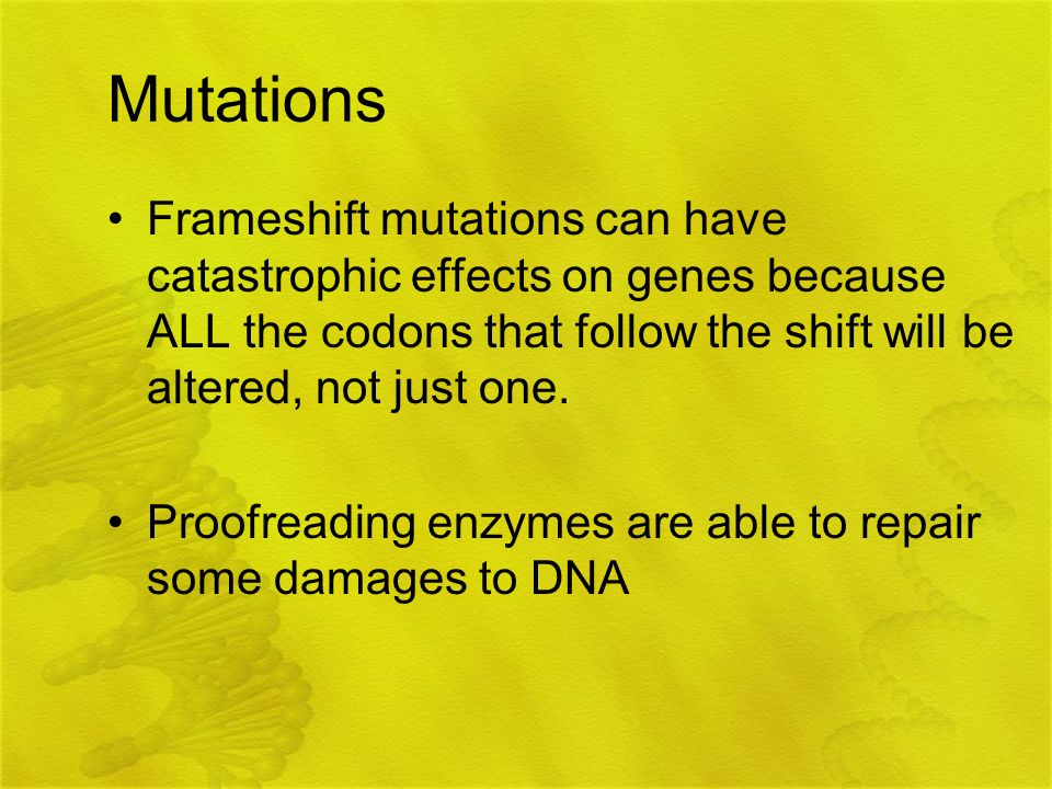 Mutations Frameshift mutations can have catastrophic effects on genes because ALL the codons that follow the shift will be altered, not just one.