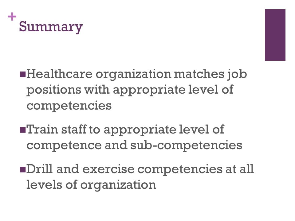 Summary Healthcare organization matches job positions with appropriate level of competencies.