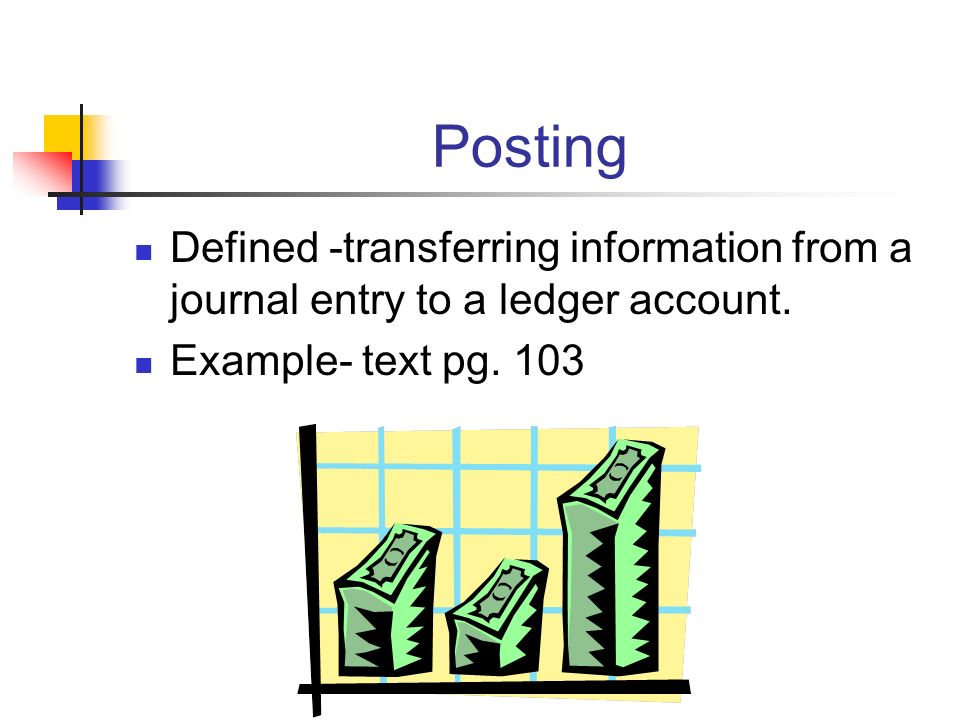 Posting Defined -transferring information from a journal entry to a ledger account.