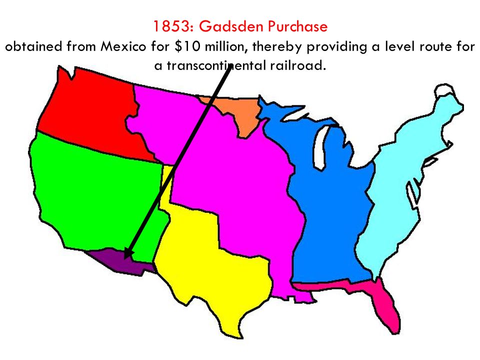 1853: Gadsden Purchase obtained from Mexico for $10 million, thereby providing a level route for a transcontinental railroad.