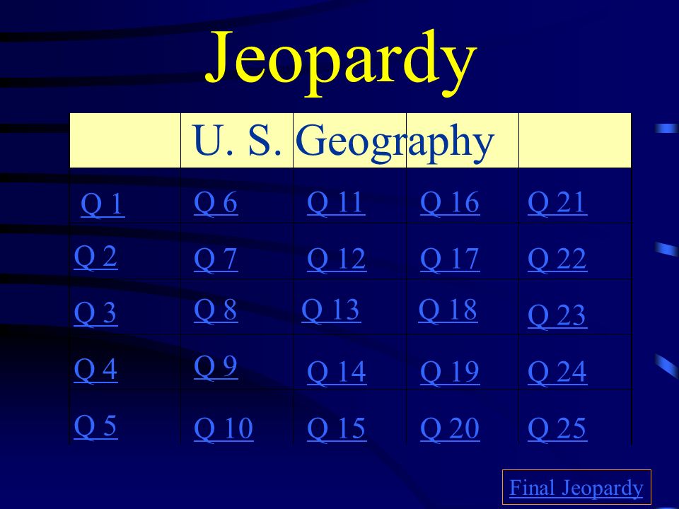 Jeopardy U. S. Geography Q 1 Q 6 Q 11 Q 16 Q 21 Q 2 Q 7 Q 12 Q 17 Q 22