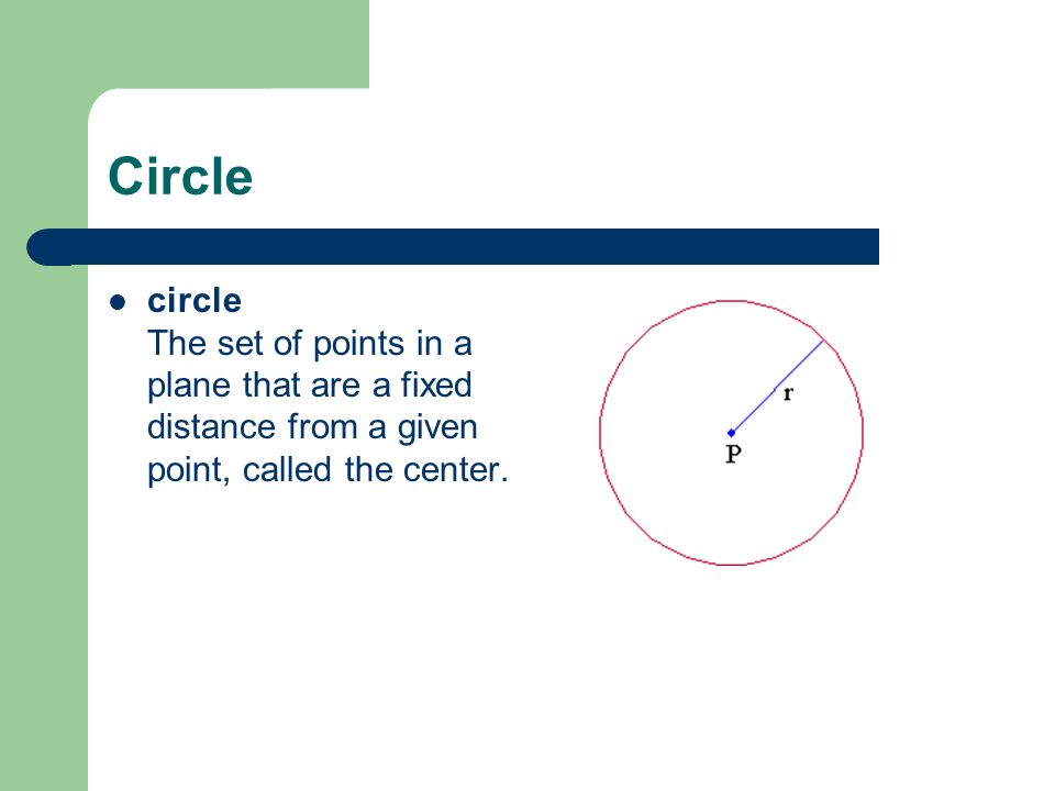 Circle circle The set of points in a plane that are a fixed distance from a given point, called the center.