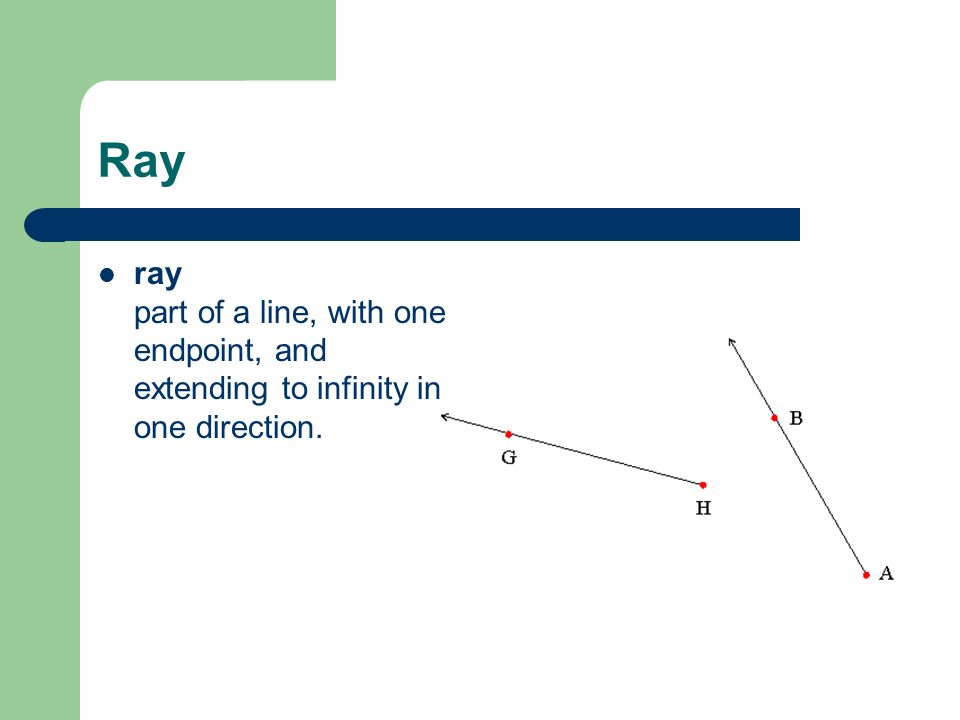 Ray ray part of a line, with one endpoint, and extending to infinity in one direction.