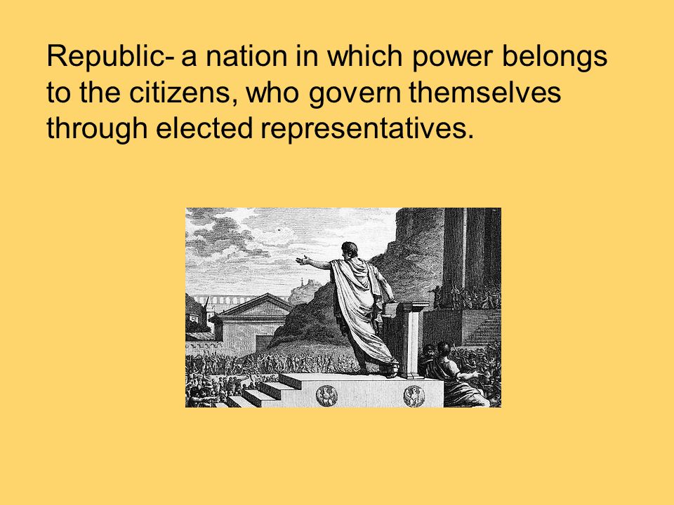 Republic- a nation in which power belongs to the citizens, who govern themselves through elected representatives.