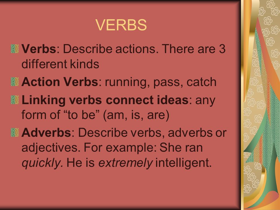 VERBS Verbs: Describe actions. There are 3 different kinds