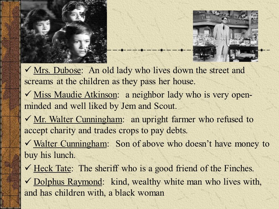 Mrs. Dubose: An old lady who lives down the street and screams at the children as they pass her house.