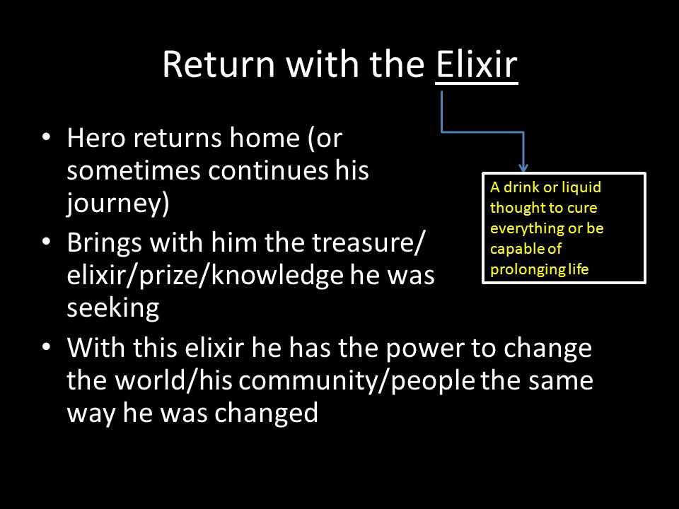 Return with the Elixir Hero returns home (or sometimes continues his journey) Brings with him the treasure/ elixir/prize/knowledge he was seeking.