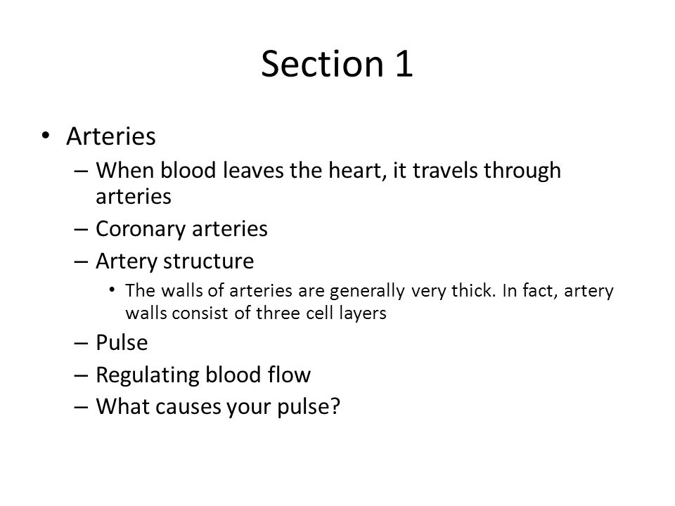 Section 1 Arteries. When blood leaves the heart, it travels through arteries. Coronary arteries. Artery structure.
