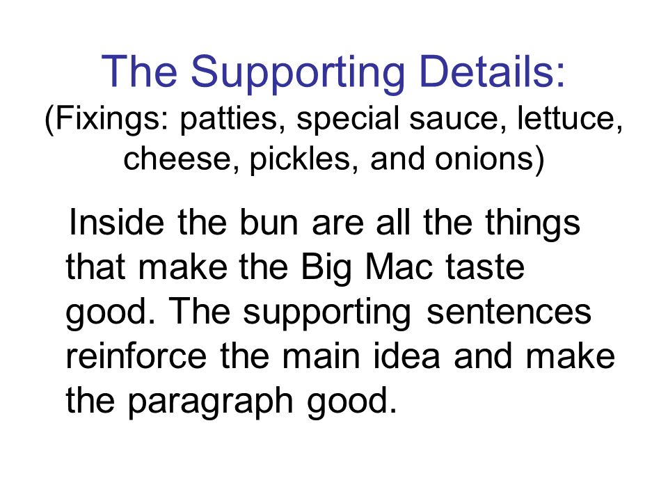 The Supporting Details: (Fixings: patties, special sauce, lettuce, cheese, pickles, and onions)