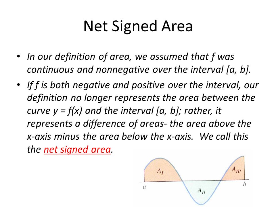 Net Signed Area In our definition of area, we assumed that f was continuous and nonnegative over the interval [a, b].