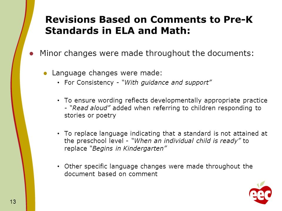 Revisions Based on Comments to Pre-K Standards in ELA and Math: