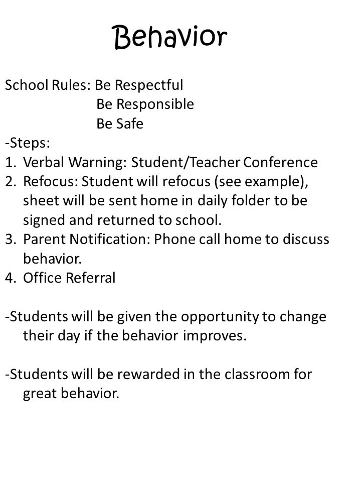 Behavior School Rules: Be Respectful Be Responsible Be Safe -Steps: