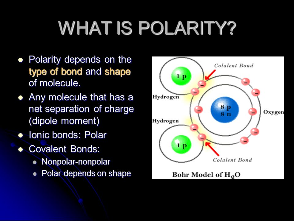 WHAT IS POLARITY Polarity depends on the type of bond and shape of molecule. Any molecule that has a net separation of charge (dipole moment)