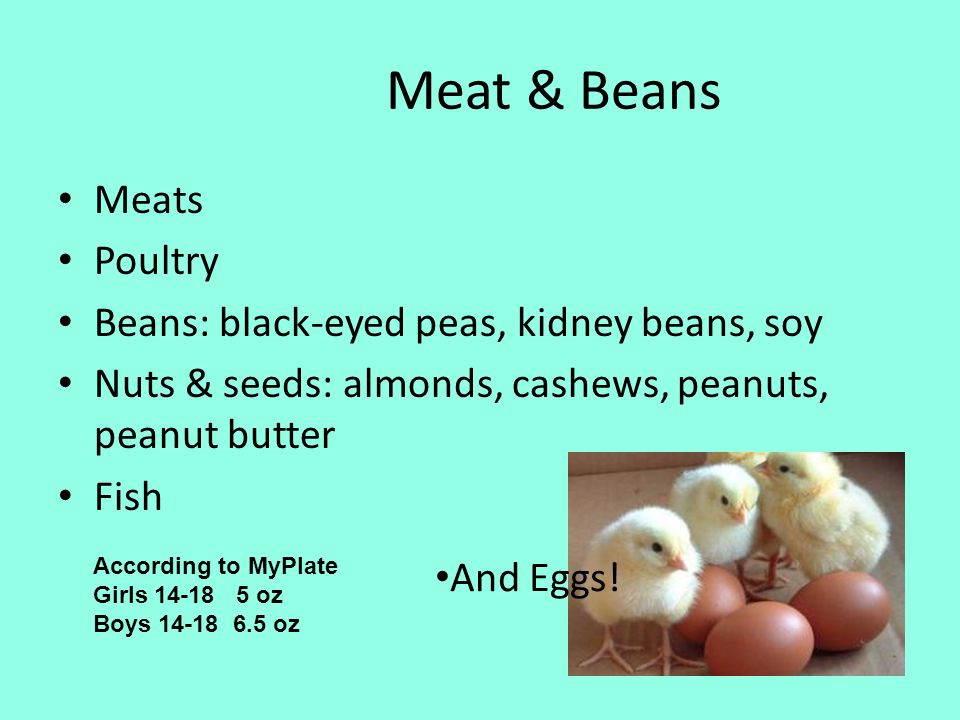 Meat & Beans Meats Poultry Beans: black-eyed peas, kidney beans, soy