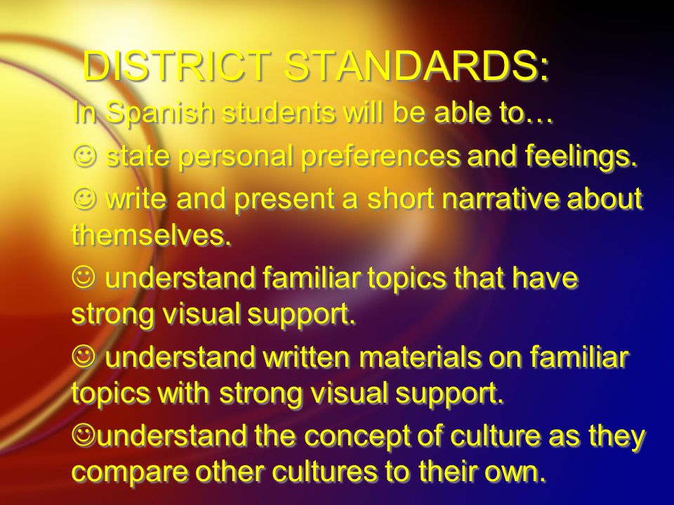 DISTRICT STANDARDS: In Spanish students will be able to…
