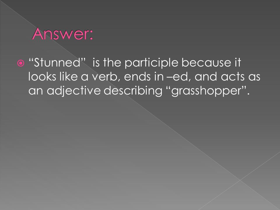 Answer: Stunned is the participle because it looks like a verb, ends in –ed, and acts as an adjective describing grasshopper .