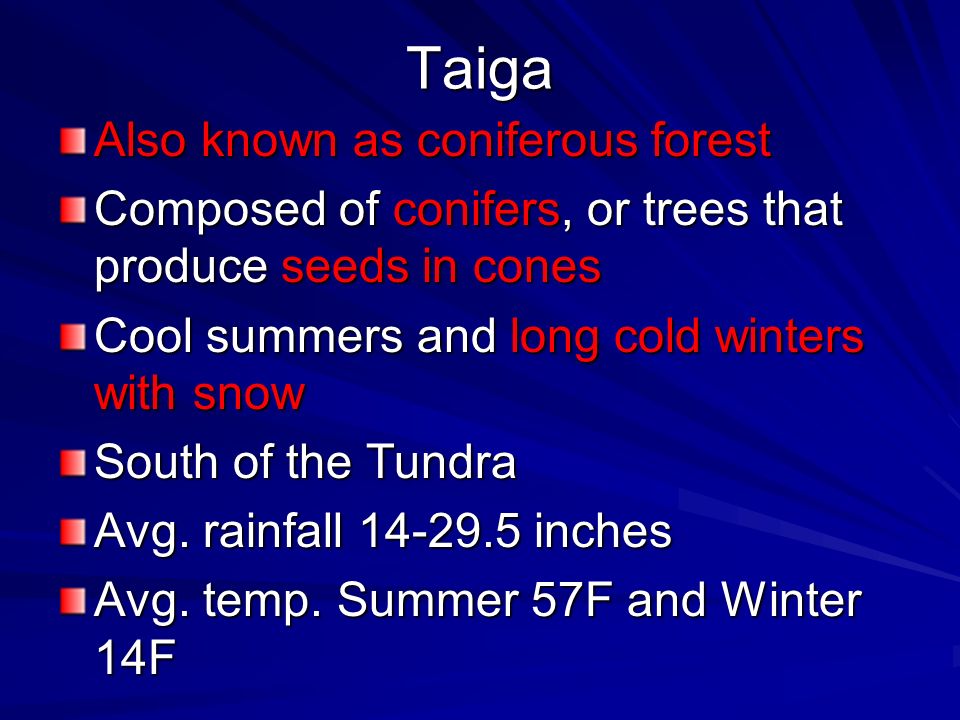 Taiga Also known as coniferous forest