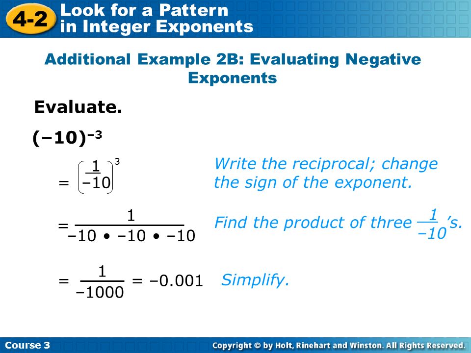 Additional Example 2B: Evaluating Negative Exponents
