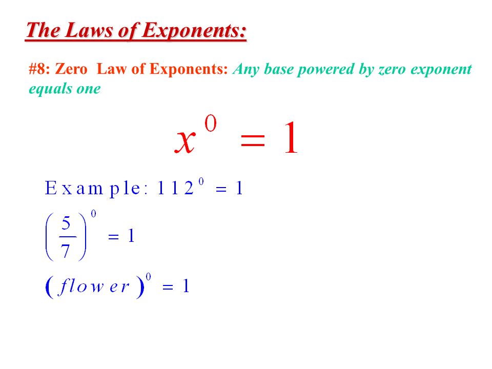 The Laws of Exponents: #8: Zero Law of Exponents: Any base powered by zero exponent equals one