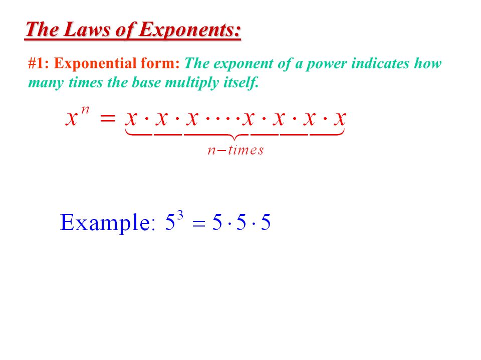 The Laws of Exponents: #1: Exponential form: The exponent of a power indicates how.