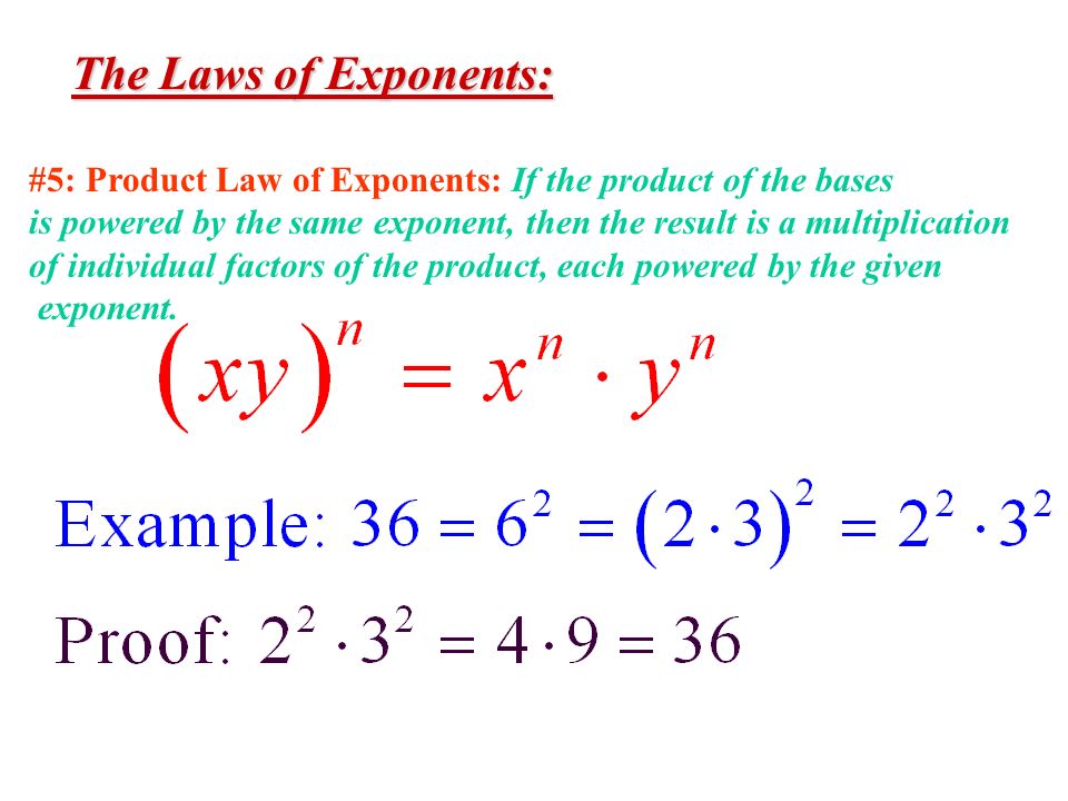 The Laws of Exponents: #5: Product Law of Exponents: If the product of the bases.