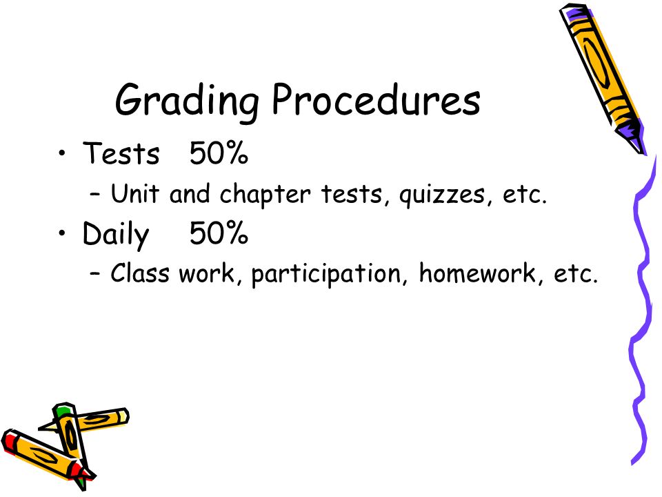 Grading Procedures Tests 50% Daily 50%