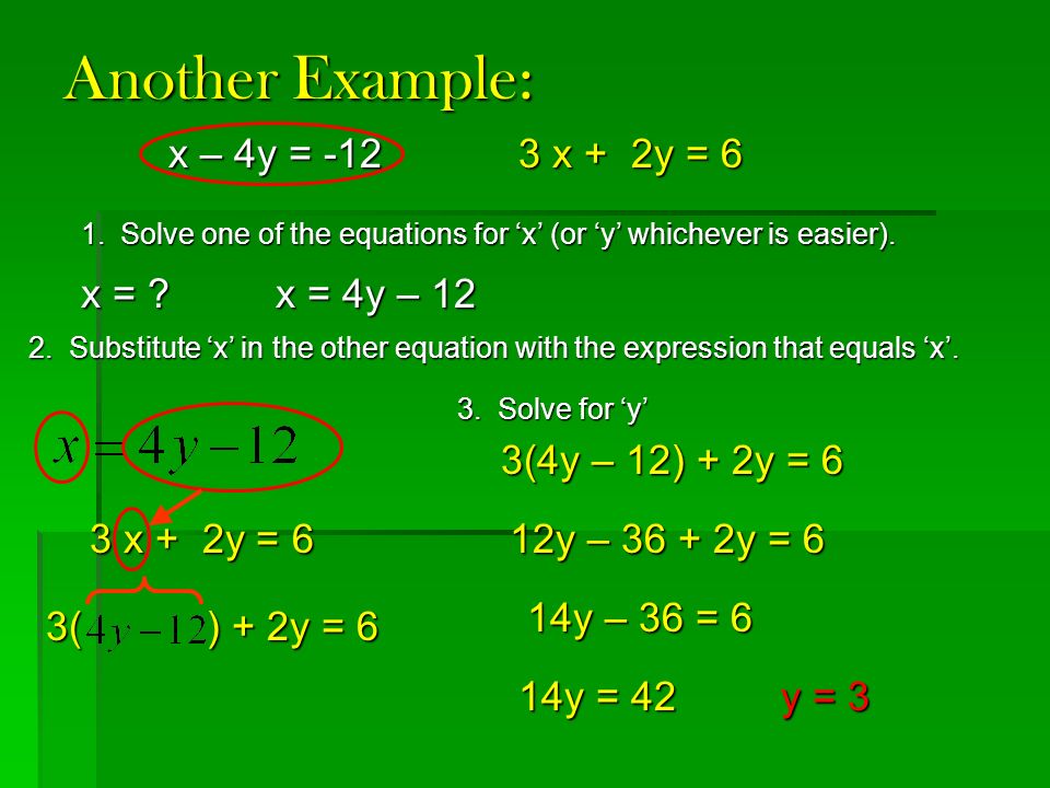 Another Example: y = -6 x – 4y = x + 2y = 6 x = x = 4y – 12