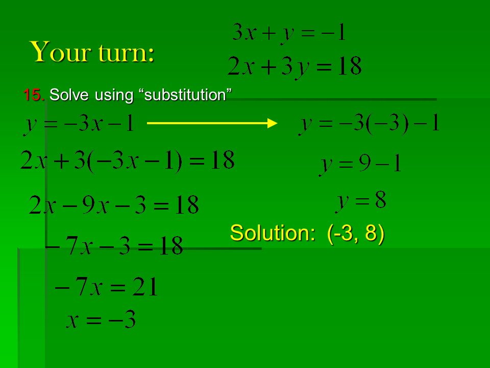 Your turn: 15. Solve using substitution Solution: (-3, 8)