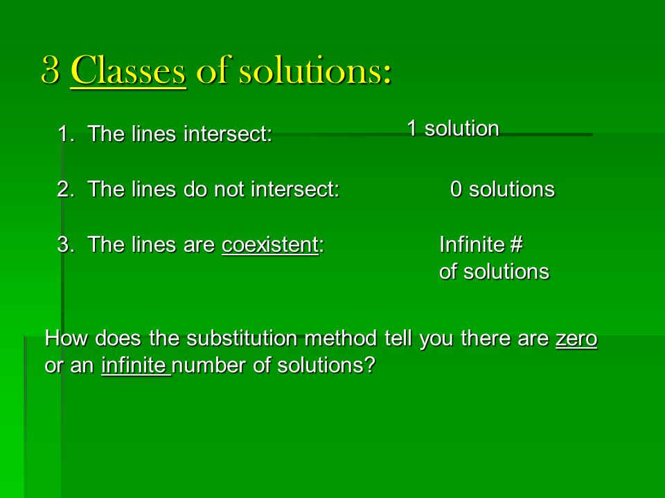 3 Classes of solutions: 1 solution 1. The lines intersect:
