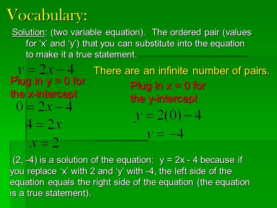 Vocabulary: There are an infinite number of pairs. Plug in y = 0 for