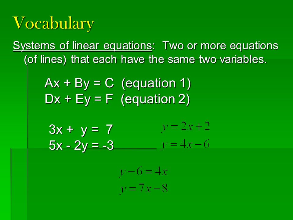 Vocabulary Ax + By = C (equation 1) Dx + Ey = F (equation 2)